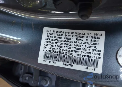 2013 Honda Civic Ex из США, поврежденный, VIN 19XFB2F85DE251980